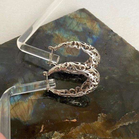 VTG Jezlaine Sterling Silver 925 Pierced Hinged Scrollwork Oval Hoop Earrings - Picture 8 of 16